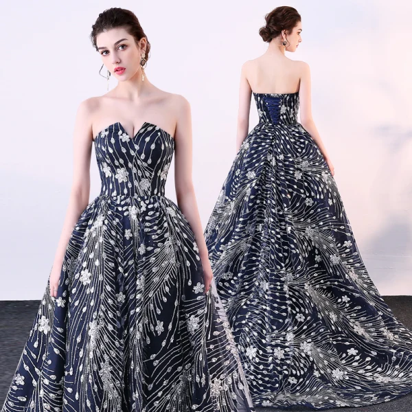 Glitzernden Marineblau Festliche Kleider 2018 Ballkleid Glanz Pailletten Bandeau Rückenfreies Ärmellos Hof-Schleppe Abendkleider
