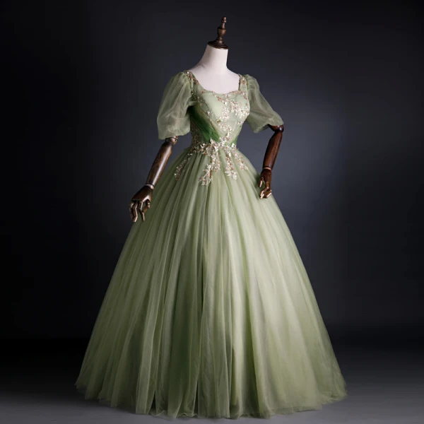 Elegant Sage Green Prom Dresses 2021 Ball Gown Square Neckline Pearl Sequins Lace Flower Short Sleeve Backless Floor-Length / Long Prom Formal Dresses