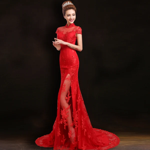 Style Chinois Rouge Robe De Soirée 2018 Trompette / Sirène Appliques En Dentelle Paillettes Col Haut Manches Courtes Train De Balayage Robe De Ceremonie