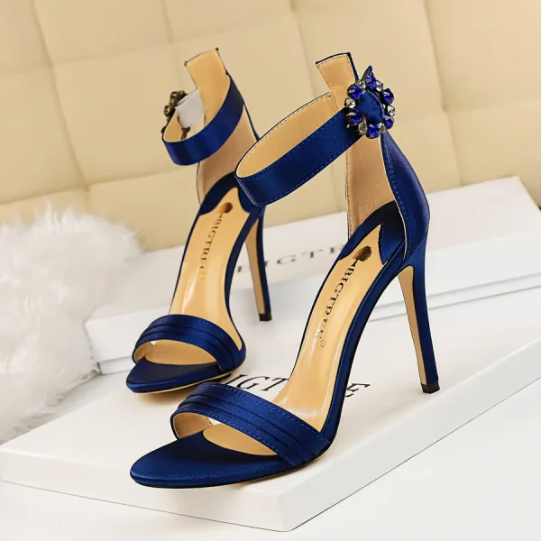 Sexy Argenté Cocktail Sandales Femme 2020 Satin Faux Diamant Bride Cheville 9 cm Talons Aiguilles Peep Toes / Bout Ouvert Sandales