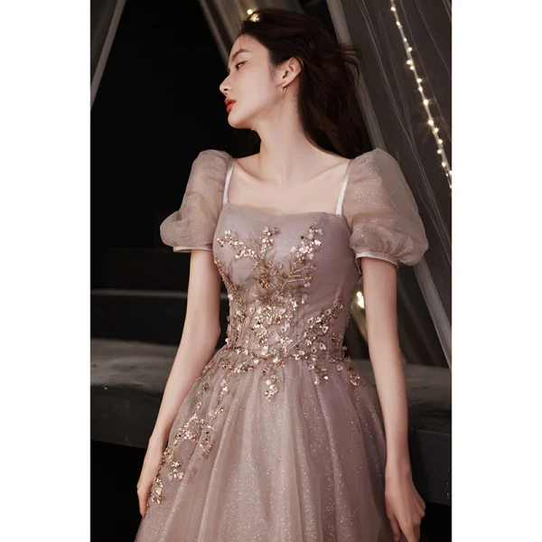 Fashion Glitter Blushing Pink Prom Dresses 2021 A-Line / Princess Square Neckline Beading Appliques Sequins Short Sleeve Backless Floor-Length / Long Formal Dresses