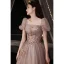 Fashion Glitter Blushing Pink Prom Dresses 2021 A-Line / Princess Square Neckline Beading Appliques Sequins Short Sleeve Backless Floor-Length / Long Formal Dresses