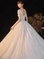 Charming Champagne Wedding Dresses 2020 Ball Gown See-through V-Neck Beading Star Sequins Lace Flower Short Sleeve Backless Royal Train