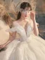 Luxe Champagne Robe De Mariée 2020 Robe Boule Volants Bustier En Dentelle Fleur Paillettes Sans Manches Dos Nu Royal Train