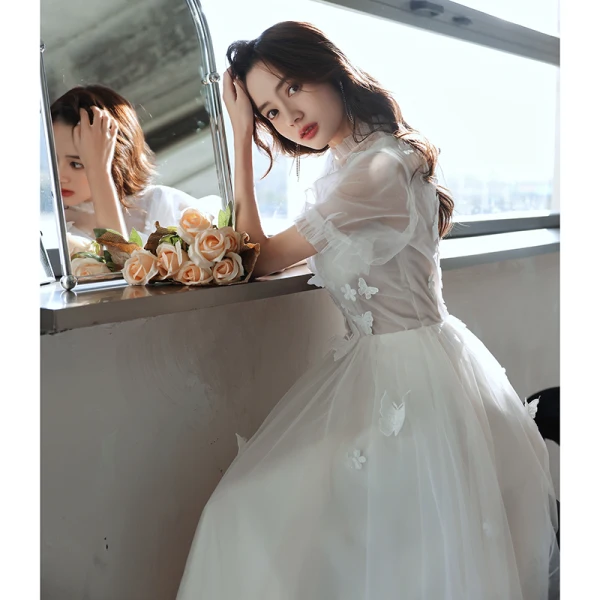 Modern / Fashion Ivory Homecoming Evening Dresses Graduation Dresses 2021 A-Line / Princess High Neck Lace Butterfly Ruffle Short Sleeve Floor-Length / Long Prom Formal Dresses