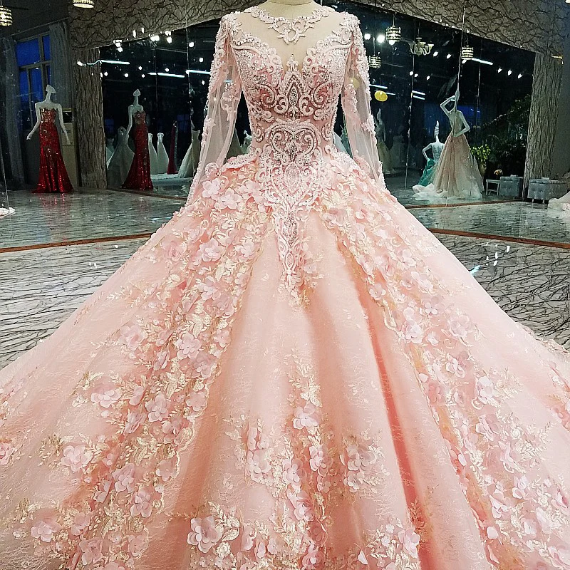 Luxury Gorgeous Pearl Pink Wedding Dresses 2018 Ball Gown Lace Flower  Appliques Beading Rhinestone Scoop Neck Long Sleeve Cathedral Train Wedding