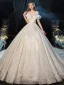 Luxury / Gorgeous Charming Champagne Wedding Dresses 2020 Ball Gown Ruffle Strapless Lace Sequins Short Sleeve Backless Royal Train