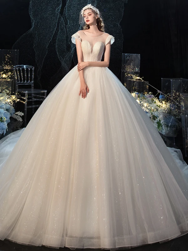 Charmant Champagne Robe De Mariée 2020 Robe Boule Encolure Dégagée Perlage Paillettes Sans Manches Dos Nu Royal Train