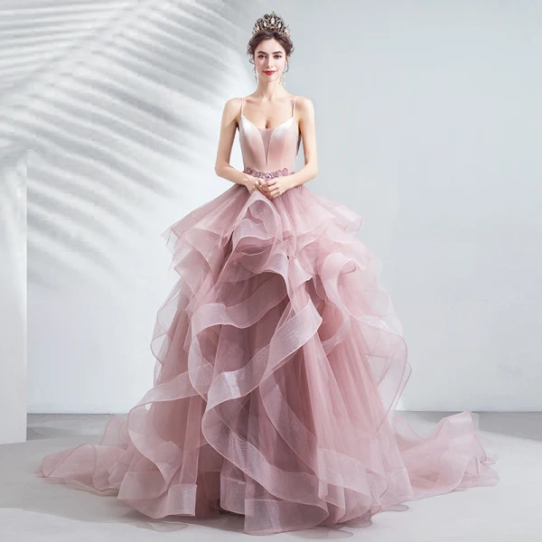 Chic / Beautiful Blushing Pink Cascading Ruffles Prom Dresses 2020 Ball Gown Spaghetti Straps Beading Lace Flower Sleeveless Backless Court Train Formal Dresses