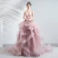 Chic / Beautiful Blushing Pink Cascading Ruffles Prom Dresses 2020 Ball Gown Spaghetti Straps Beading Lace Flower Sleeveless Backless Court Train Formal Dresses