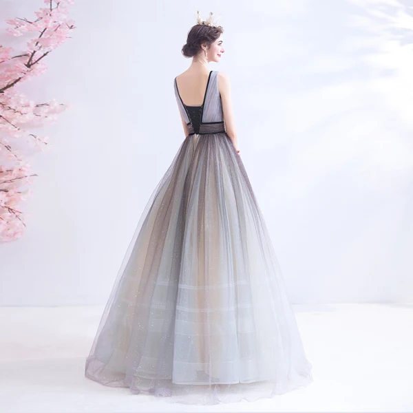 Sexy Silver Grey Evening Dresses 2020 A-Line / Princess Backless V-Neck Sleeveless Sequins Floor-Length / Long Formal Dresses