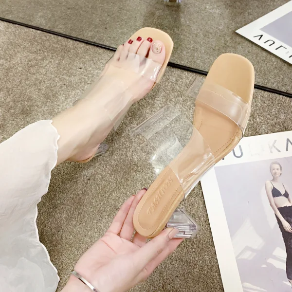 Sexy Transparent Beige Street Wear Womens Shoes 2020 9 cm Thick Heels Open / Peep Toe Sandals