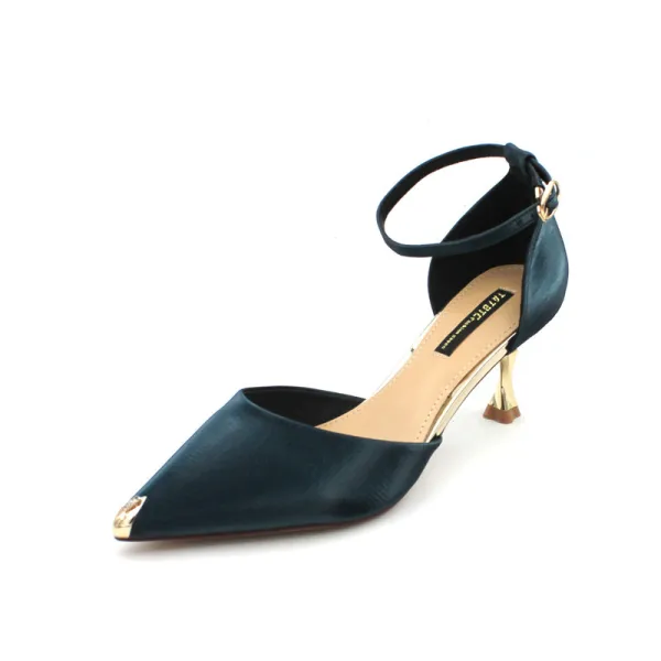 Enkla Bläck Blå Casual Mocka Sandaler Dam 2020 Ankelband 5 cm Stilettklackar Spetsiga Sandaler