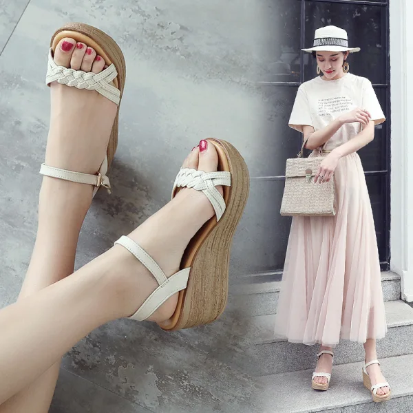 Fashion Summer Beige Street Wear Womens Sandals 2020 6 cm Wedges Platform Open / Peep Toe Sandals