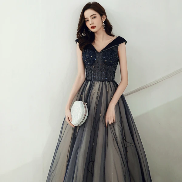 Elegant Navy Blue Prom Dresses 2020 A-Line / Princess V-Neck Beading Star Sequins Sleeveless Backless Floor-Length / Long Formal Dresses