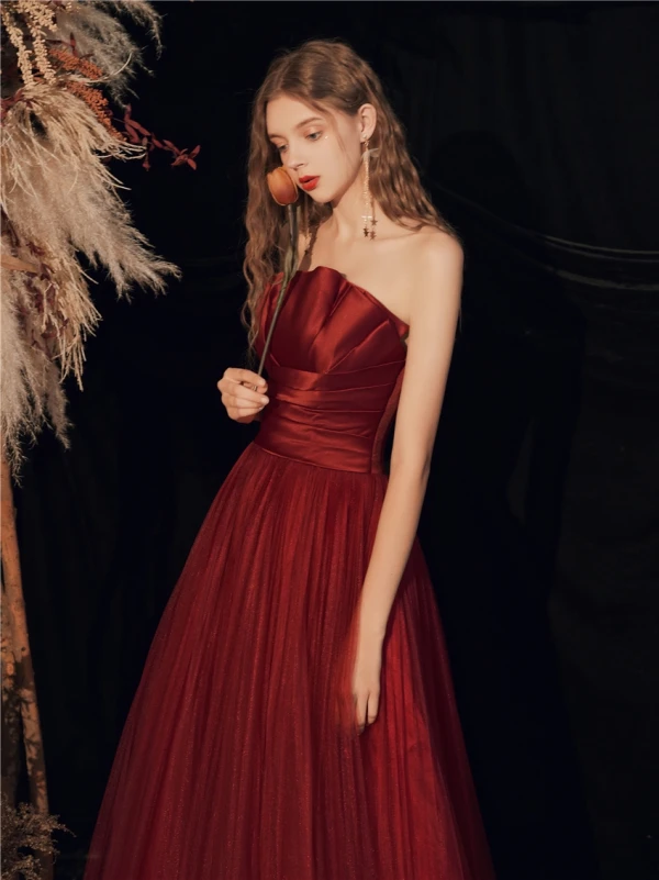 Chic / Belle Bordeaux Robe De Bal 2020 Princesse Bustier Sans Manches Dos Nu Longue Robe De Ceremonie