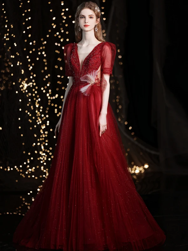 Chic / Beautiful Burgundy Glitter Prom Dresses 2021 A-Line / Princess V-Neck Beading Rhinestone Sequins Short Sleeve Backless Floor-Length / Long Formal Dresses