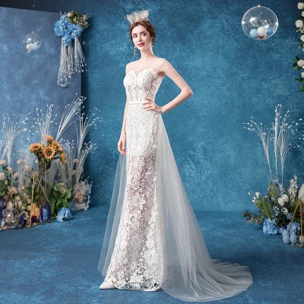 Illusion Abordable Ivoire Trompette / Sirène Robe De Mariée 2020 V-Cou En Dentelle Fleur Sans Manches Dos Nu Train De Balayage