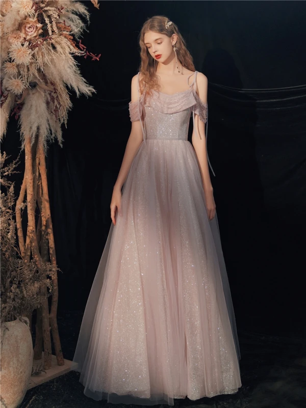 Charming Blushing Pink Glitter Prom Dresses 2020 A-Line / Princess Spaghetti Straps Beading Sequins Sleeveless Backless Floor-Length / Long Formal Dresses