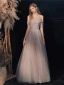 Charming Blushing Pink Glitter Prom Dresses 2020 A-Line / Princess Spaghetti Straps Beading Sequins Sleeveless Backless Floor-Length / Long Formal Dresses