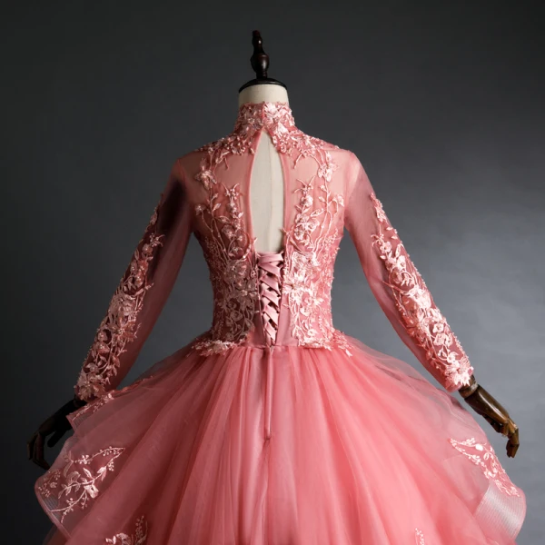 Chic / Belle Rose Bonbon Quinceañera Robe De Bal 2020 Robe Boule V-Cou Perlage Paillettes En Dentelle Fleur Manches Longues Dos Nu Longue Robe De Ceremonie