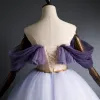 Elegant Purple Quinceañera Prom Dresses 2020 Ball Gown Off-The-Shoulder Glitter Beading Short Sleeve Backless Floor-Length / Long Formal Dresses