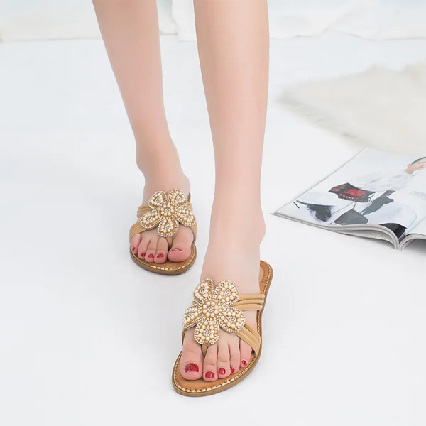 Chic / Beautiful Summer Black Casual Flat Womens Sandals 2020 Pearl Rhinestone Open / Peep Toe Sandals