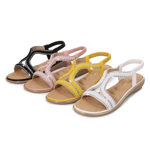 Snygga / Fina Svarta Casual Platt Sandaler Dam 2020 Rhinestone Peep Toe Sandaler