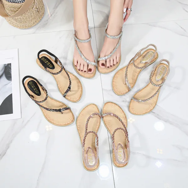 Sjarmerende Sommer Svart Casual Flate Sandaler Dame 2020 Rhinestone Peep Toe Sandaler