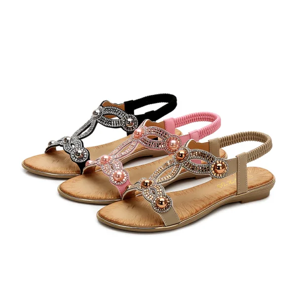 Schöne Sommer Strand Schwarz Flache Sandaletten 2020 Strass Perle Peeptoes Sandalen Damen