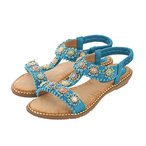 Böhmen Sommer Rosa Strand Sandalen Damen 2020 Perle Strass Peeptoes Flache Sandaletten