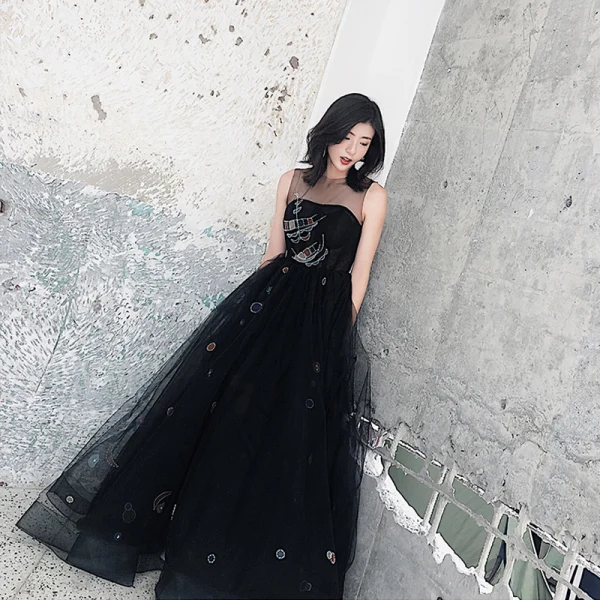 Chic / Belle Noire Robe De Soirée 2018 Princesse Dessin animé Encolure Dégagée Sans Manches Longue Robe De Ceremonie