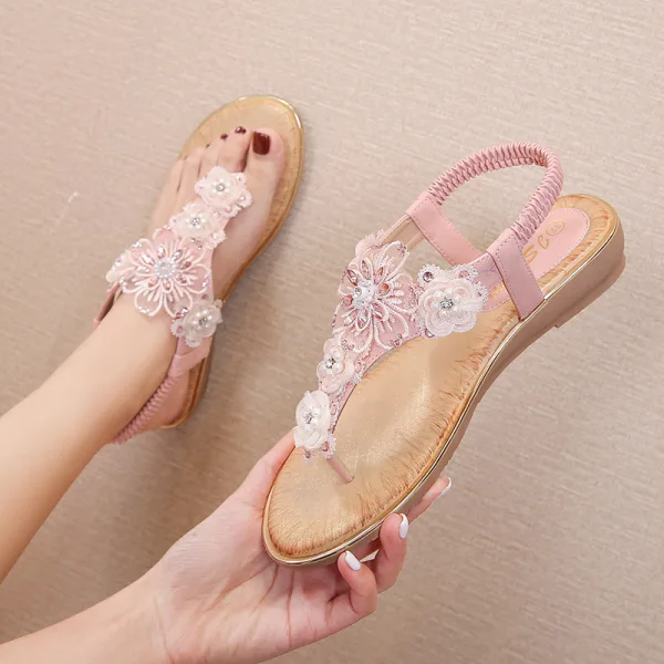 Charmant Jaune Désinvolte Sandales Femme 2020 En Dentelle Fleur Cristal Faux Diamant Perle Peep Toes / Bout Ouvert Plate Sandales