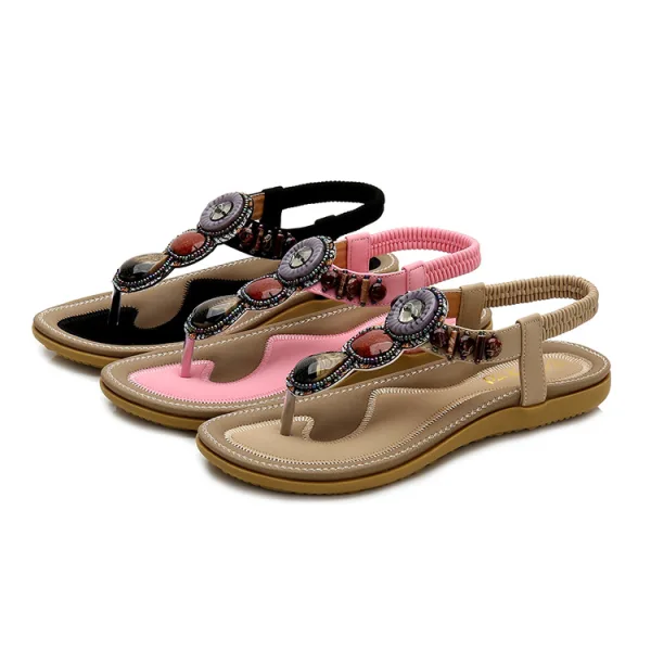 Böhmen Sommer Pink Freizeit Sandalen Damen 2020 Kristall Peeptoes Flache Sandaletten