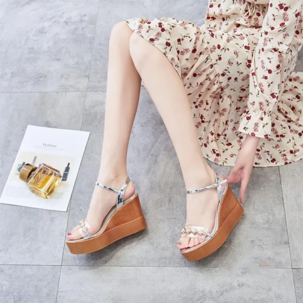 Sexy Silver Street Wear Womens Sandals 2020 Ankle Strap 10 cm Wedges Platform Open / Peep Toe Sandals