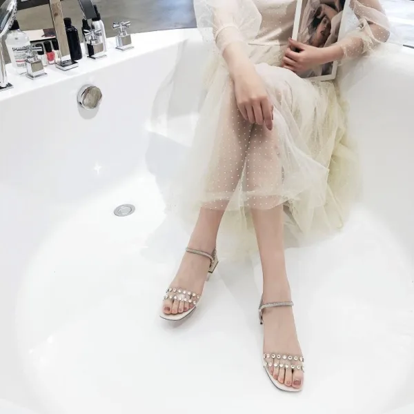 Mode Aprikos / Beige Casual Sandaler Dam 2020 Ankelband Rhinestone 5 cm Tjocka Klackar Peep Toe Sandaler