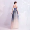 Chic / Belle Bleu Marine Robe De Soirée 2020 Princesse Bustier Perlage Paillettes En Dentelle Fleur Sans Manches Dos Nu Longue Robe De Ceremonie