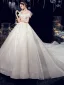 Charmant Champagne En Dentelle Robe De Mariée 2020 Princesse De l'épaule Perlage Paillettes Faux Diamant Manches Courtes Dos Nu Royal Train