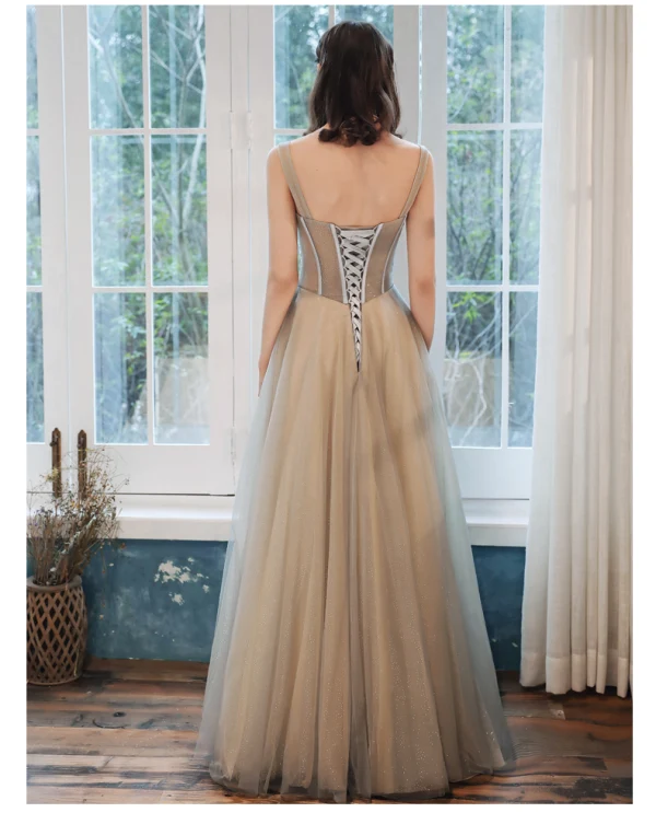 Élégant Champagne Robe De Soirée 2020 Princesse Encolure Carrée Perlage Paillettes Sans Manches Dos Nu Longue Robe De Ceremonie