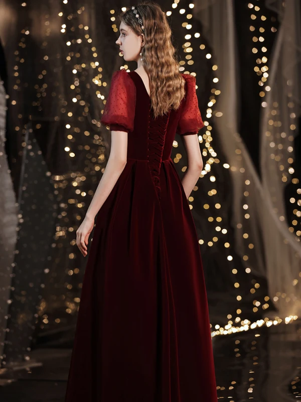 Modest / Simple Burgundy Suede Evening Dresses  2021 A-Line / Princess Square Neckline Short Sleeve Backless Floor-Length / Long Evening Party Formal Dresses