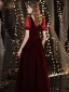 Modest / Simple Burgundy Suede Evening Dresses  2021 A-Line / Princess Square Neckline Short Sleeve Backless Floor-Length / Long Evening Party Formal Dresses