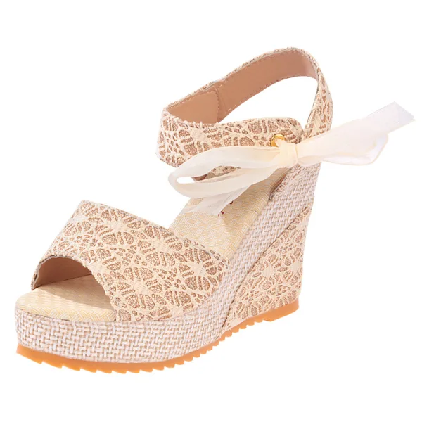 Schöne Schwarz Freizeit Sandalen Damen 2020 Pailletten Schleife 10 cm Keilabsatz Plateau Peeptoes Sandaletten