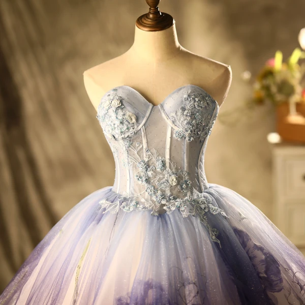 Chic / Beautiful Flower Fairy Purple Glitter Prom Dresses 2021 Ball Gown Strapless Beading Lace Flower Sleeveless Backless Floor-Length / Long Prom