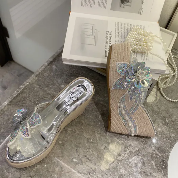 Chic / Beautiful Silver Outdoor / Garden Womens Sandals 2020 Pearl Rhinestone Sequins 11 cm Wedges Platform Open / Peep Toe Sandals