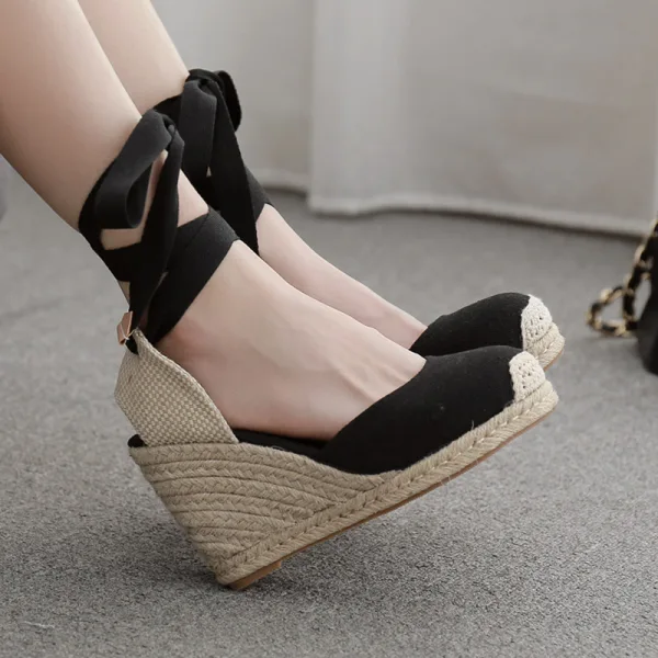 Chic / Belle Noire Vêtement de rue Tresser Sandales Femme 2020 Bride Cheville 10 cm Compensées Plateforme À Bout Rond Sandales