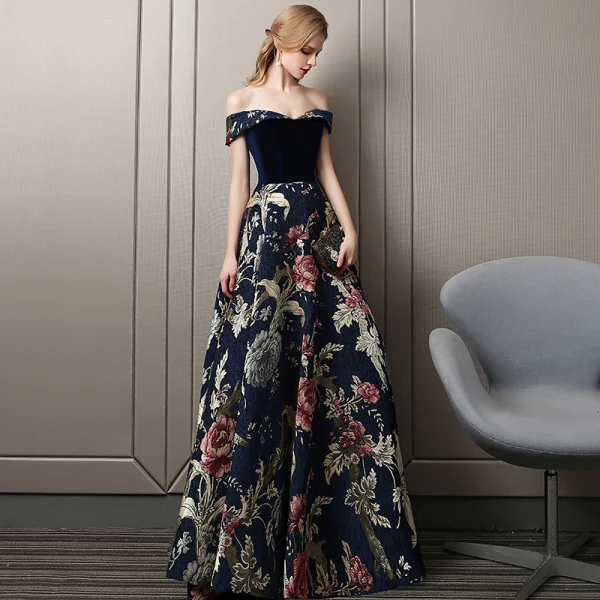 Colored Navy Blue Evening Dresses 2018 A-Line / Princess Suede Printing Off-The-Shoulder Sleeveless Backless Floor-Length / Long Formal Dresses