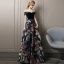 Colored Navy Blue Evening Dresses  2018 A-Line / Princess Suede Printing Off-The-Shoulder Sleeveless Backless Floor-Length / Long Formal Dresses