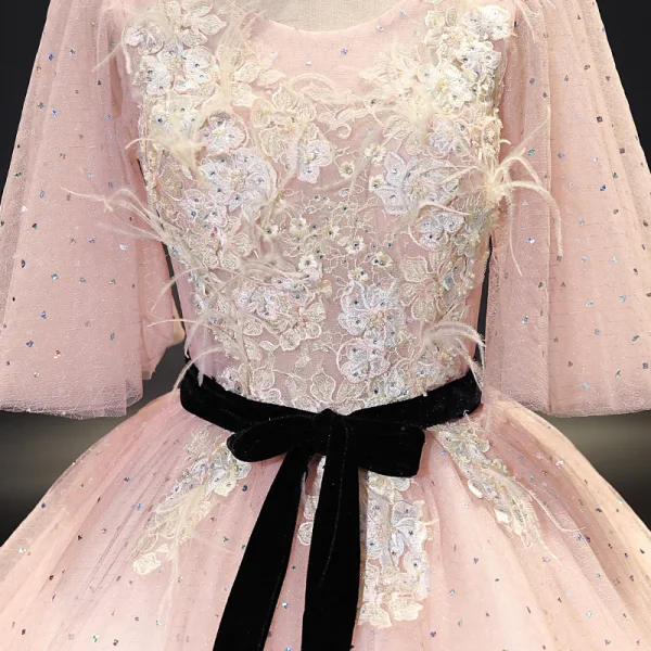 Chic / Beautiful Blushing Pink Prom Dresses 2021 Ball Gown V-Neck Rhinestone Lace Flower Sash Short Sleeve Backless Floor-Length / Long Prom Formal Dresses