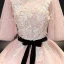 Chic / Beautiful Blushing Pink Prom Dresses 2021 Ball Gown V-Neck Rhinestone Lace Flower Sash Short Sleeve Backless Floor-Length / Long Prom Formal Dresses