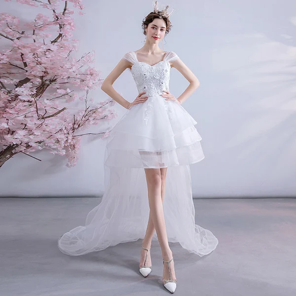 Charmant Haute Basse Blanche Asymétrique Robe De Mariée 2020 Princesse Encolure Carrée Perlage Perle Paillettes En Dentelle Fleur Sans Manches Dos Nu